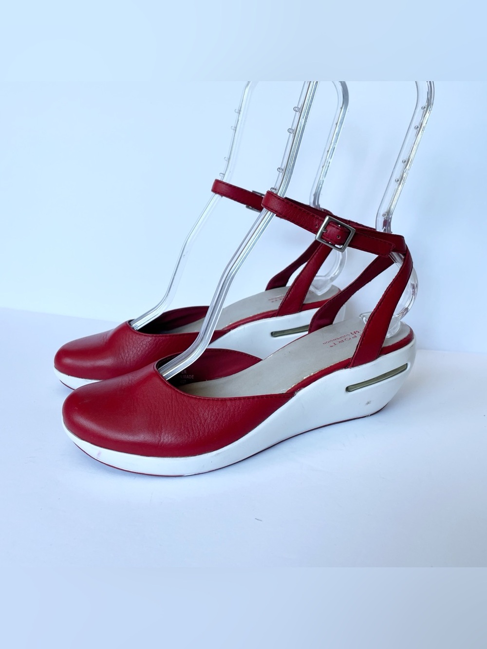 VTG Y2K Rockport Red Leather Ankle-Strap Wedge Sandals 7M Boho Romantic Festival